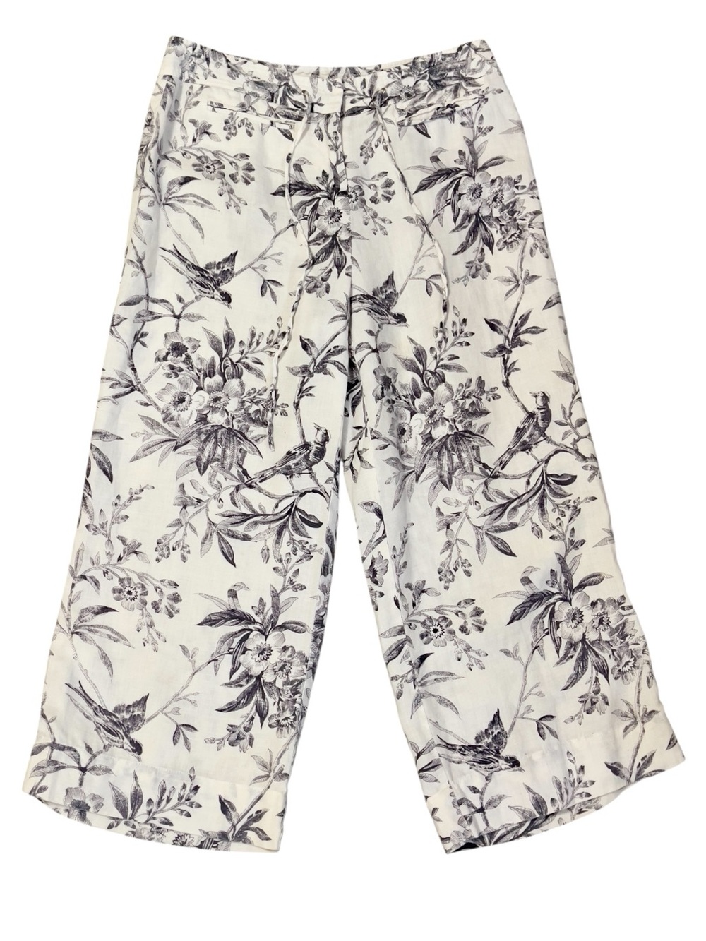 Linen Cropped Pants Sz 6 Wide Leg Toile Bird Print Coastal Cowgirl Boho Preppy